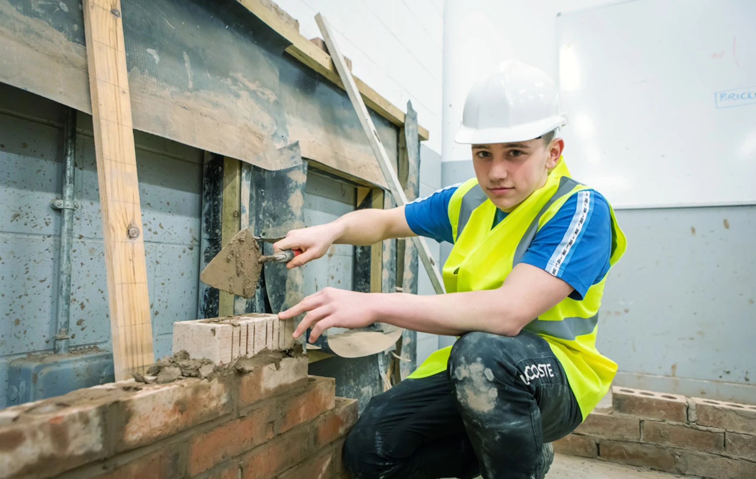 A brickwork student wearing a safety helmet and high-visibility vest crouching down to carefully apply mortar to bricks using a trowel during practical training. A brickwork student wearing a safety helmet and high-visibility vest crouching down to carefully apply mortar to bricks using a trowel during practical training.