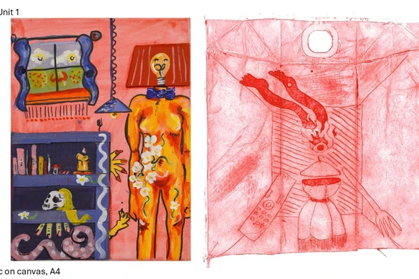 Two colourful mixed-media artworks from a graded unit, including surreal figures and symbolic imagery. Two colourful mixed-media artworks from a graded unit, including surreal figures and symbolic imagery.