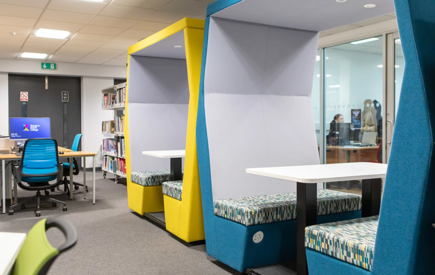Colourful study pods and computer workstations in the Library and Flexible Learning Centre at Glasgow Kelvin College’s Easterhouse campus. Colourful study pods and computer workstations in the Library and Flexible Learning Centre at Glasgow Kelvin College’s Easterhouse campus.