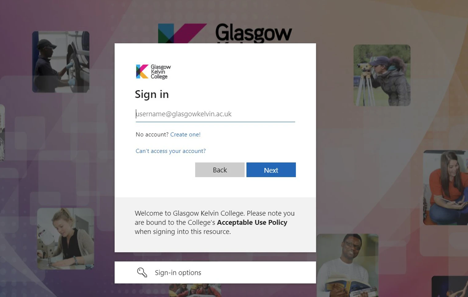 Glasgow Kelvin College login screen prompting users to sign in with their college email address, with background images of students and college activities. Glasgow Kelvin College login screen prompting users to sign in with their college email address, with background images of students and college activities.
