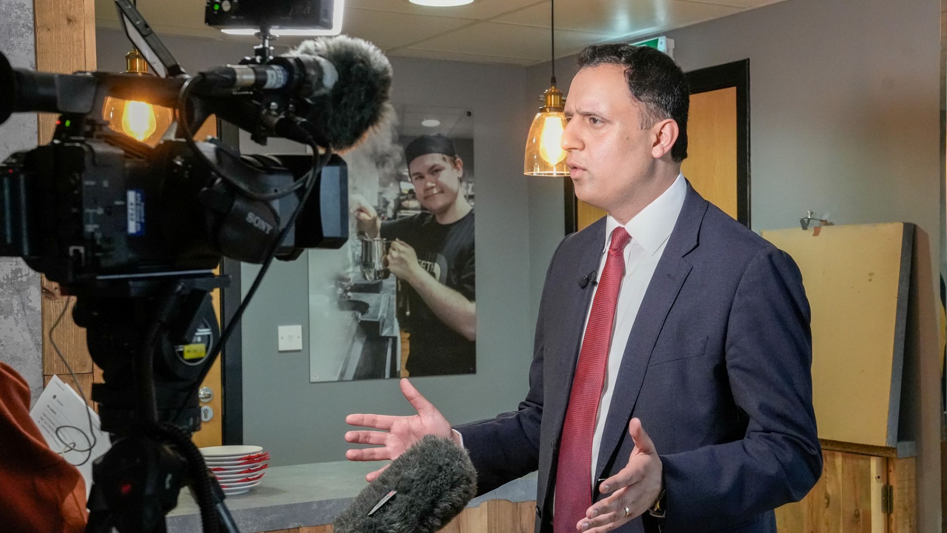 Scottish Labour leader Anas Sarwar being interviewed on camera during visit to Glasgow Kelvin College.