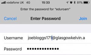 Screenshot of iOS Device with example Log in details