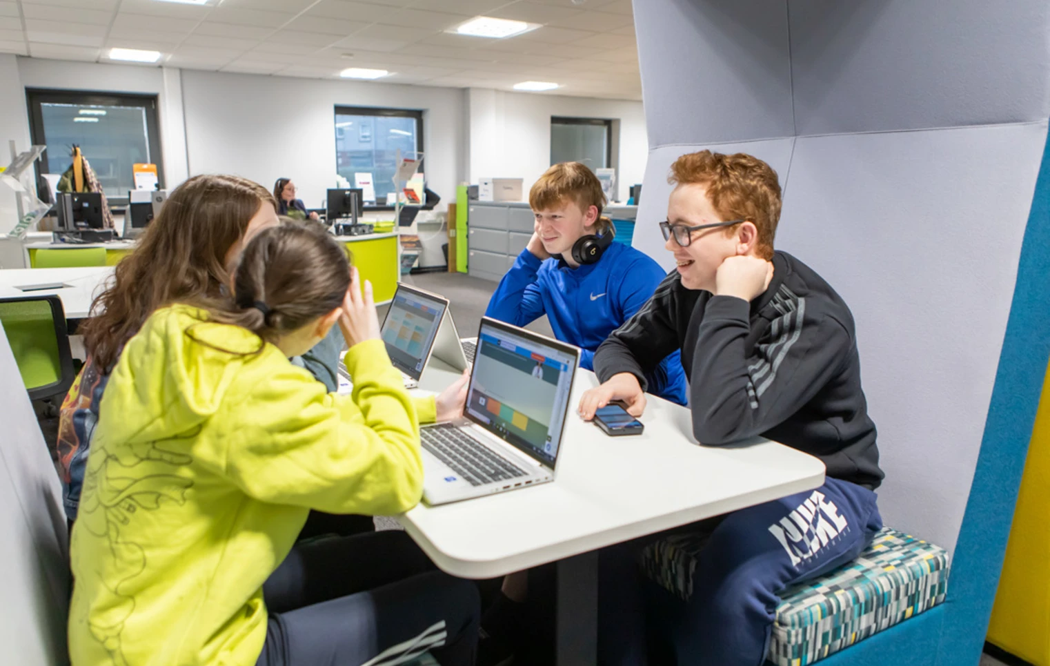 Group of students working together on laptops in the Flexible Learning Centre at Glasgow Kelvin College’s Easterhouse campus. Group of students working together on laptops in the Flexible Learning Centre at Glasgow Kelvin College’s Easterhouse campus.