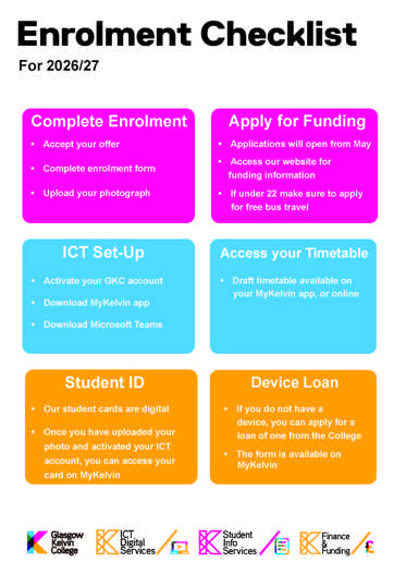 Glasgow Kelvin College enrolment checklist, highlighting steps for completing enrolment, applying for funding, ICT setup, accessing timetables, student ID setup, and laptop loan information.