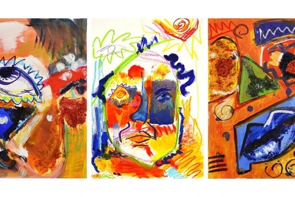 Three vibrant abstract portraits using bold colours and expressive brushstrokes. Three vibrant abstract portraits using bold colours and expressive brushstrokes.