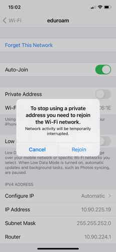 Eduroam Privacy screen stating 'to stop using a private address you need to rejoin the Wifi network'