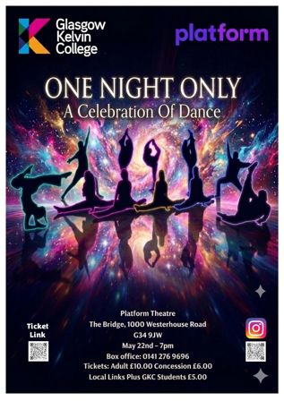 Poster promoting One Night Only dance showcase at Platform Theatre featuring student performers, with event date, venue and ticket details.