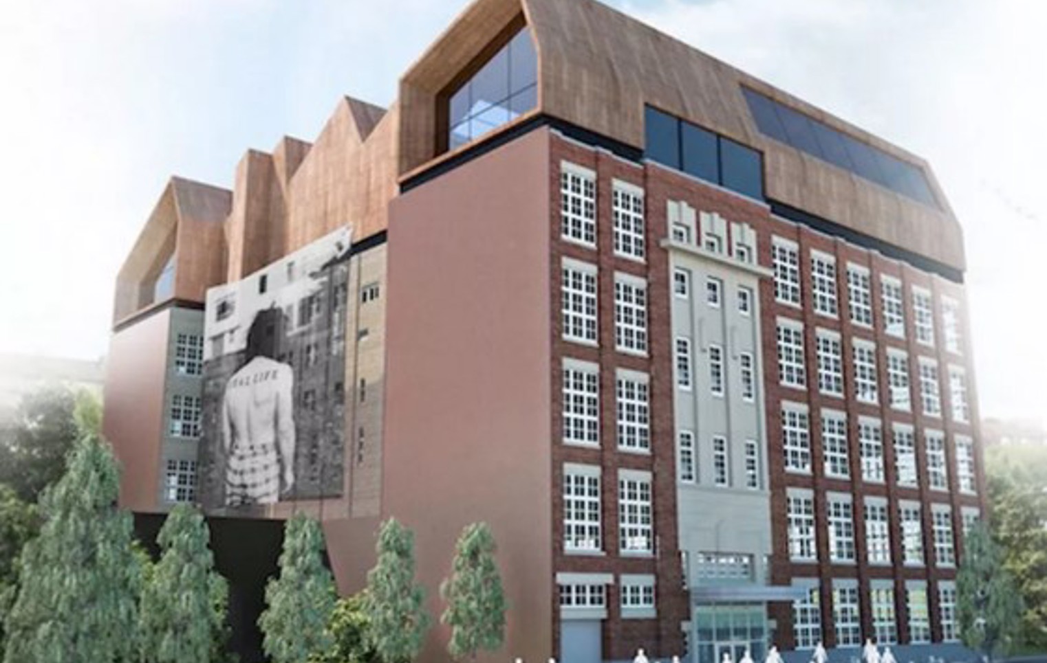 Architectural rendering of the redeveloped Stow Building, featuring a modern rooftop extension above the original red-brick façade and a large-scale wall mural.